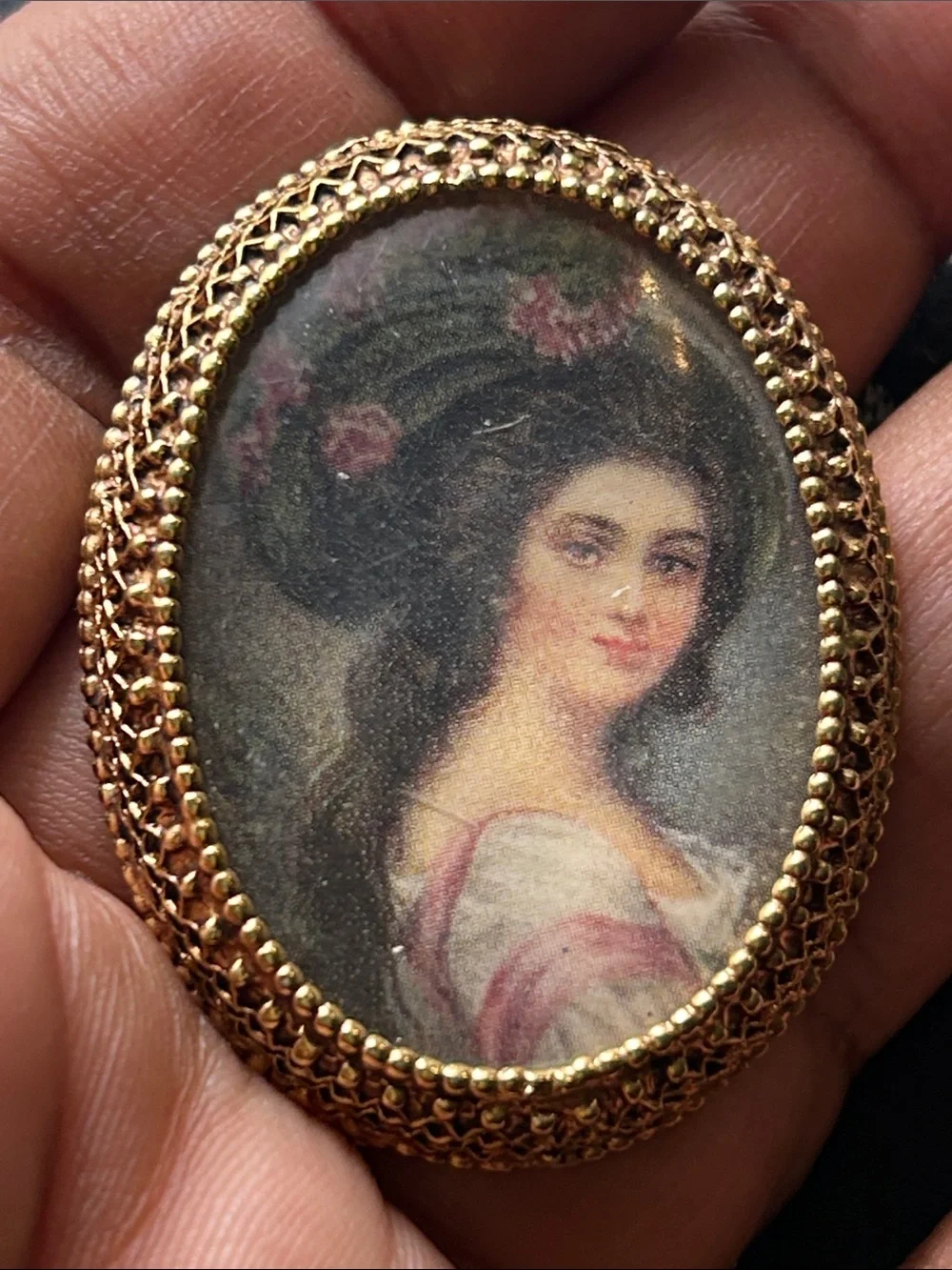 Florenza Vintage Gold-Tone Oval Portrait Cameo Brooch - Pink & Green Accents